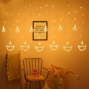 12 Diya Curtain String Lights, (White Color)
